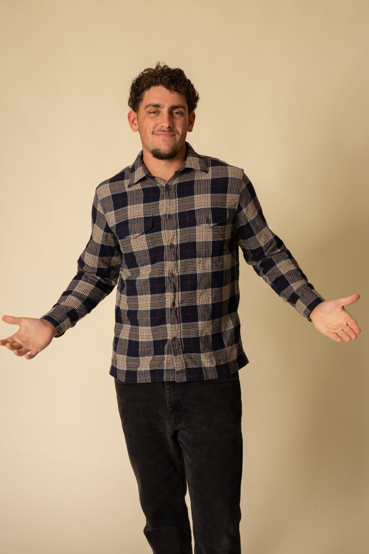 Navy and cream plaid flannel shirt