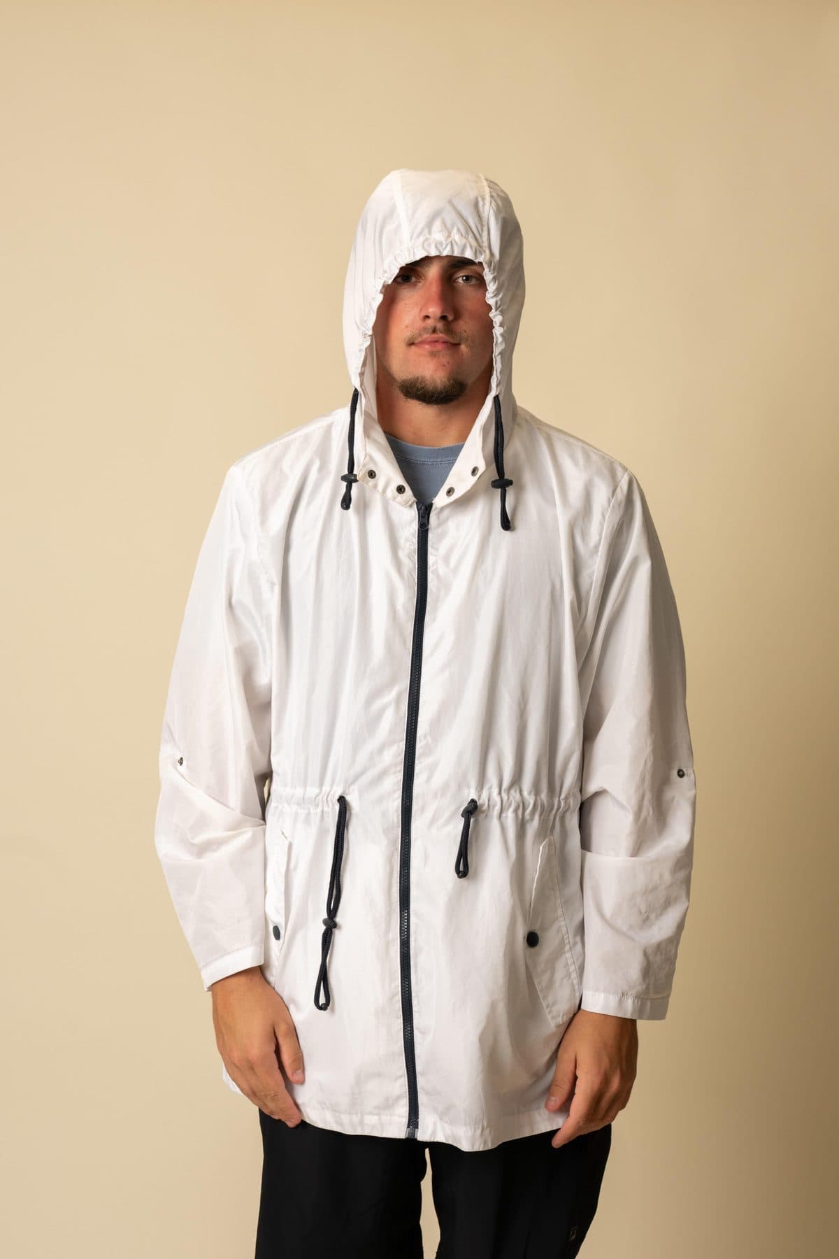 White hooded rain jacket, drawcord waist